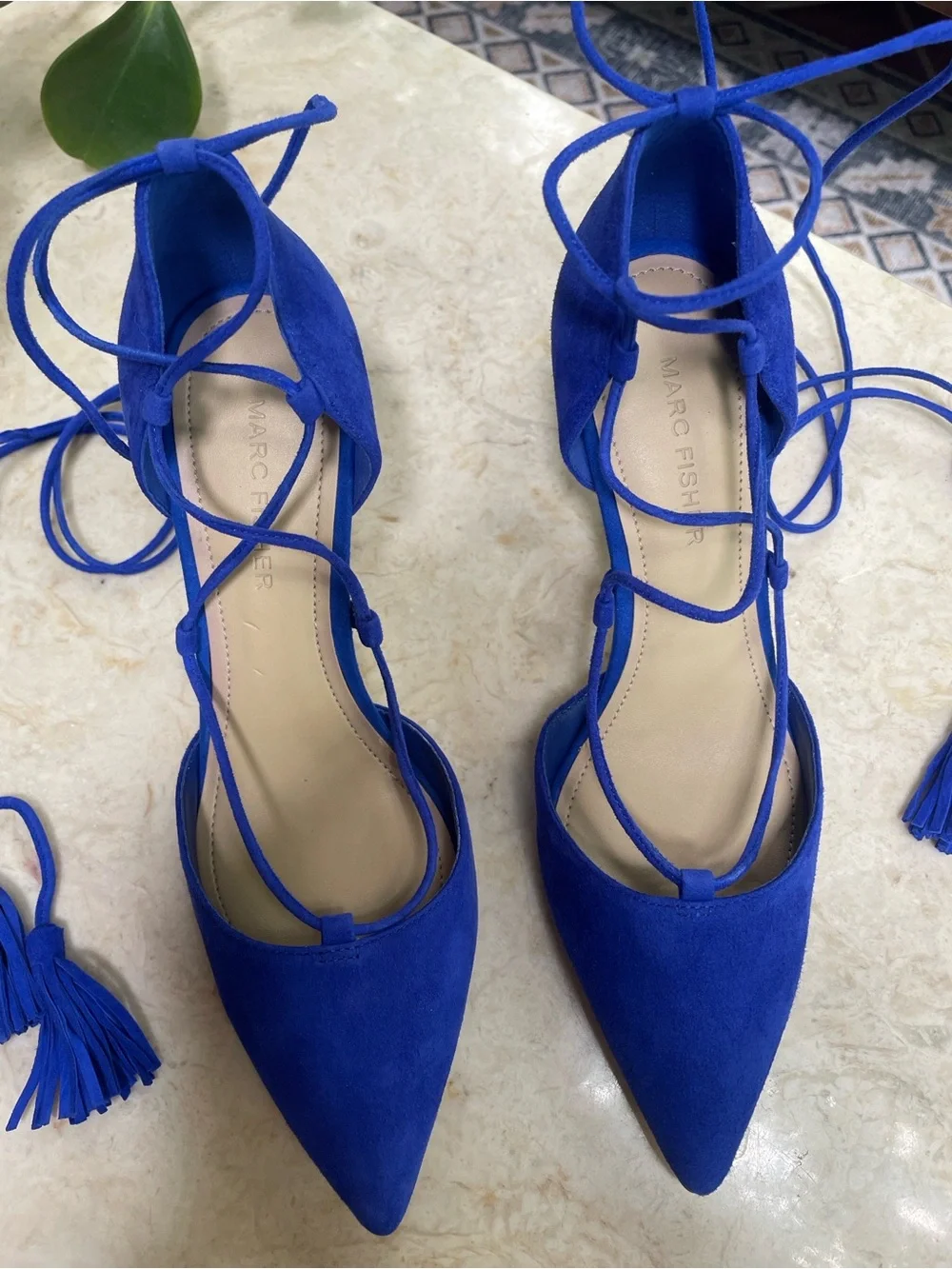 Marc Fisher Cobalt Blue Lace-Up Heels 6.5 Pointed Toe Tassel Ankle Wrap Pumps